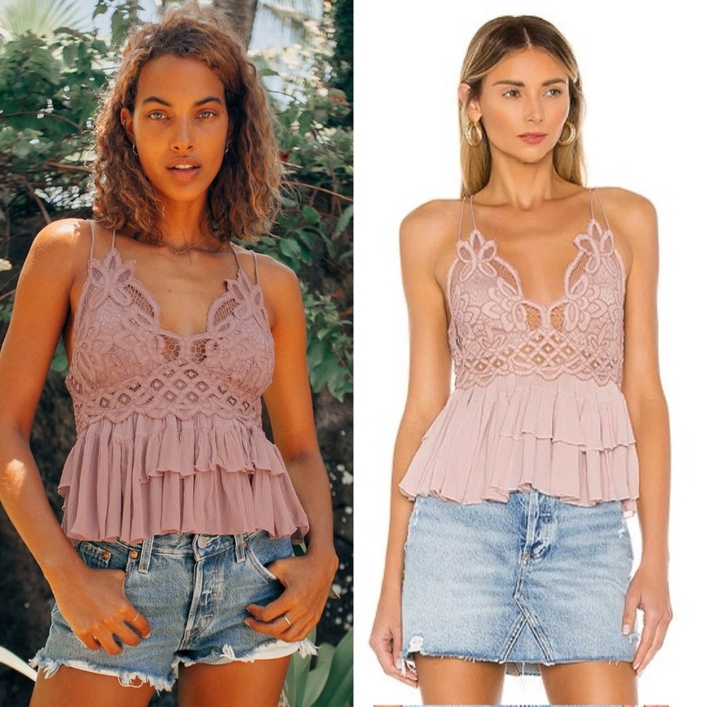 Free People Adella Cami Lace Crotchet Boho Bralette Top Mauve Size XS & S